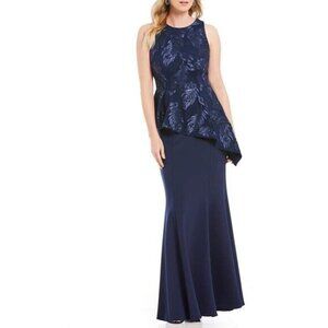 Brianna Embroidered Peplum Gown Navy Blue Evening Dress SZ 6 New